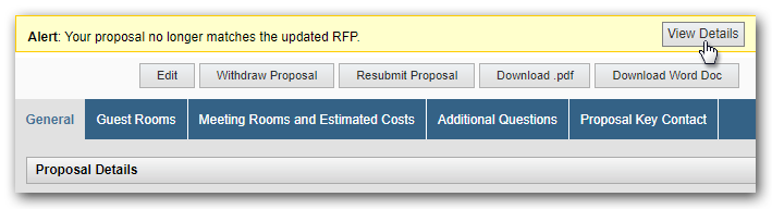 The "View Details" button is highlighted in the yellow banner that appears at the top of an RFP that has updated details.