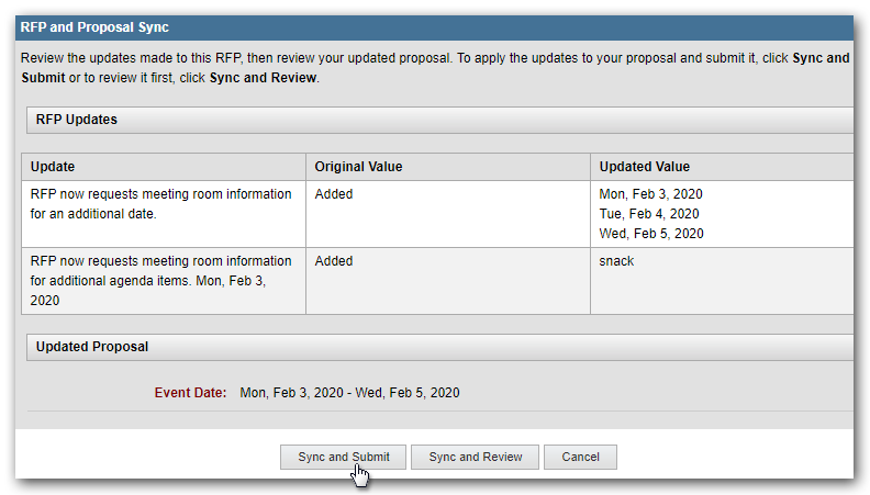 Overview of the table that shows what has been updated, the original value, and the updated value. The "Sync and Submit" button is highlighted.